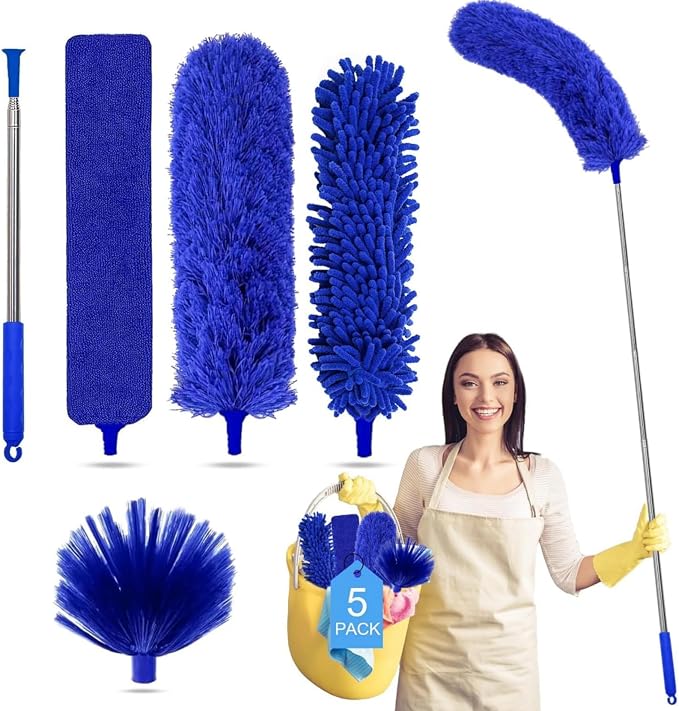 Tiumso Dusters for Cleaning,Microfiber Feather Duster 5-in-1 Kit, Duster with Extension Pole 100 Inches, Cobweb Duster, Microfiber Dusters for High Ceilings and Fans, Blinds and Cars