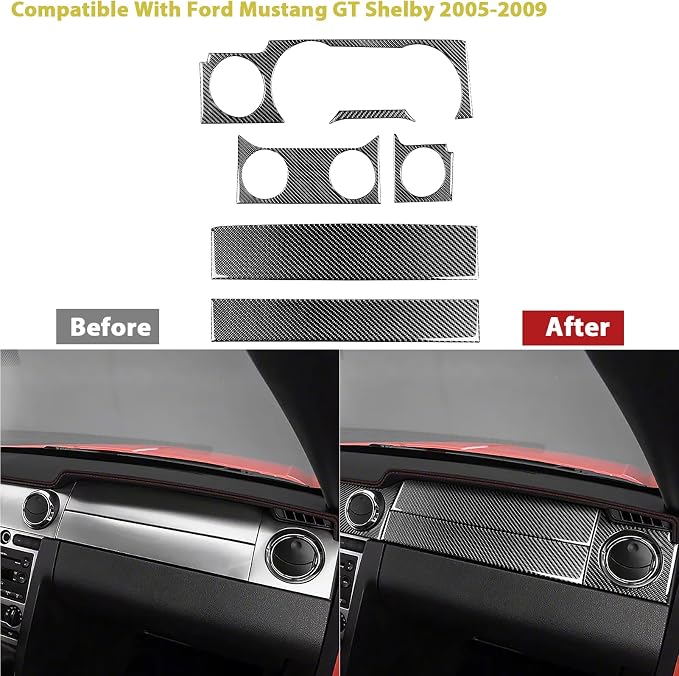 Real Carbon Fiber Trim for Ford Mustang GT Shelby Accessories | for 2005 2006 2007 2008 2009，Instrument Central Console Dashboard Panel Kit，Thick Overlay Sticker Decal，7PCs
