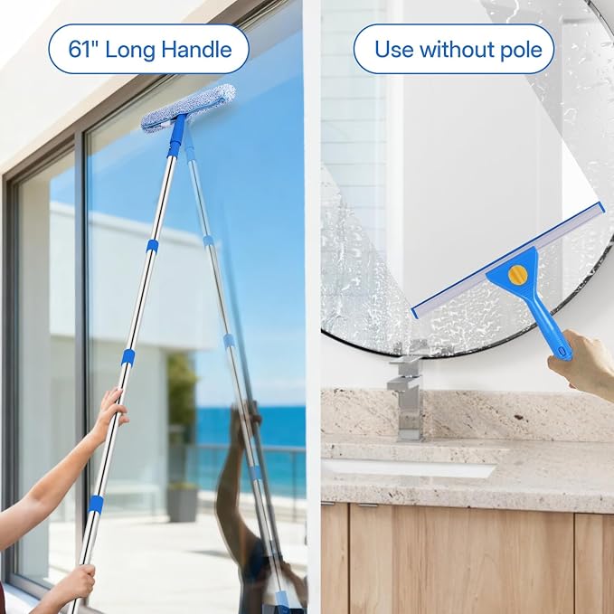 PIMEKOY Window Cleaning Kit with Bucket, Squeegee and Scrubber for Outdoor | Professional Window Washing kit, 61" High Window Squeegee & Scrubber, 3 Gal Bucket, Window Cleaner Tool for Home, Commercial