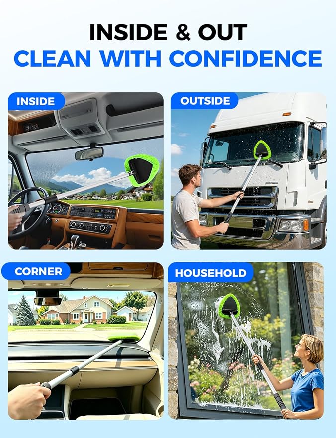 XINDELL Interior Windshield Cleaner Tool – Car Interior Window Cleaning Kit with 29inch Extended Long Handle & 4 Microfiber Pads, Auto Wiper Windshield Brush for Car, Trucks, SUVs, RVs & Home