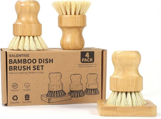 Bamboo Dish Brush Set - 3 Pcs Natural Scrub Brush with Holder, Wooden Dish Scrubber with Sisal Bristle for Cleaning Dishes, Pans and Vegetables