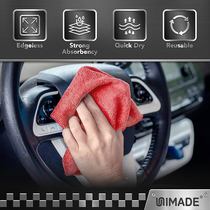UNIMADE Shop Towels, 100 Pack Commercial Grade Work Rags Microfiber Towels for Cars Cleaning Rag Bulk Detailing Cloth for Automotive Bar Mechanic Restaurant Garage Housekeeping, 11.5"x 11.5", Red
