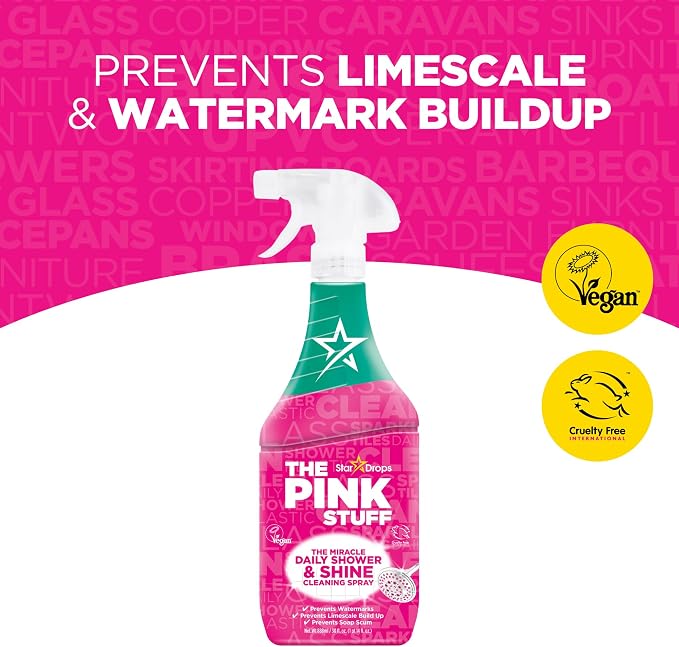 The Pink Stuff Miracle Daily Shower & Shine Spray – 30oz Bathroom Cleaner for Glass,Tile,Mirrors & Chrome – Prevents Soap Scum-& Watermarks-– No Rinse Spray-& Leave Formula,(Pack of 2)