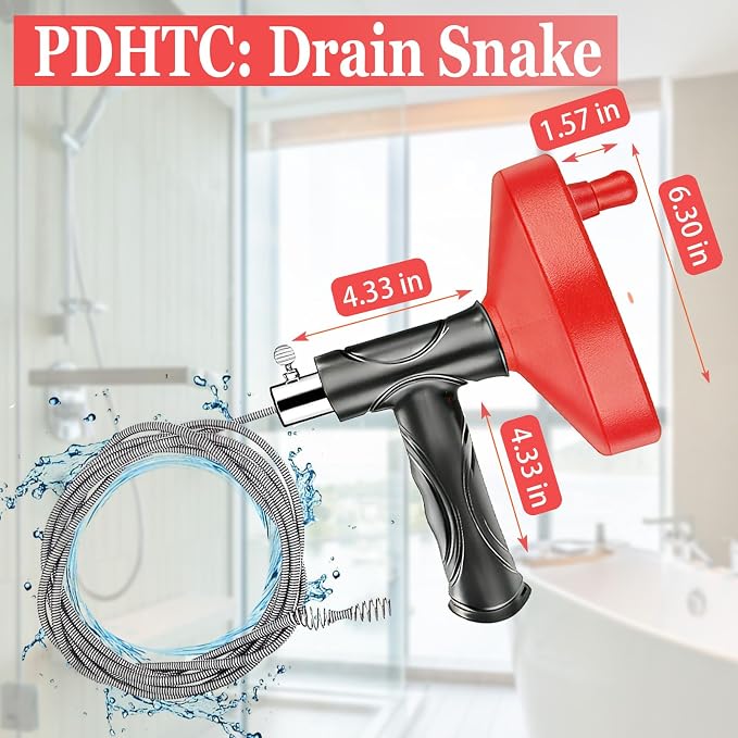Drain Snake Auger 33 Ft, Plumbing Snake Drain Hair Clog Removal Tool, Heavy Duty Snake Auger, Sink Unclogger Drain Cleaner Tool for Bathroom Kitchen Tub Shower Drain Clog Remover with Gloves