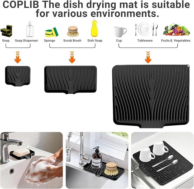 Silicone Dish Drying Mat for Kitchen Counter, 15.8"x13" Extra Large Non-Slip Drain Pad with Built-in Drainage, Heat Resistant Dishwasher Safe, Black