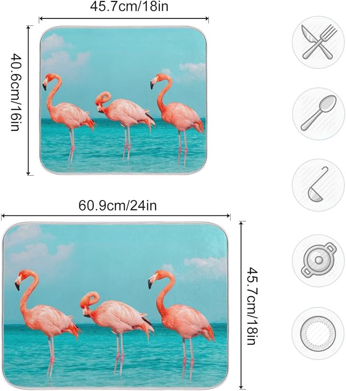 Absorbent Dish Drying Mat for Kitchen Counter - Blue Beach Flamingos Microfiber Drying Pad, Reversible Drainer Mats for Countertop, Lager 18 x 24 inch
