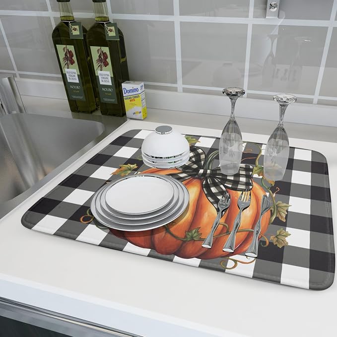 Fall Drying Mats for Kitchen Counter Fall Pumpkin Dish Drying Mat 18 x 24 Inch Autumn Black White Buffalo Check Dish Rack Mat Drainer Pad Thanksgiving Absorbent Microfiber Table Mat for Coffee Bar