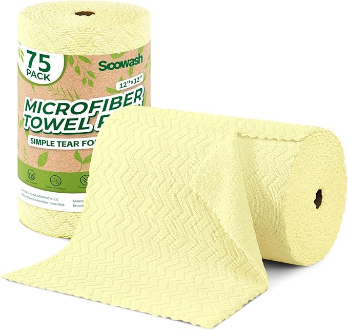 Microfiber Cleaning Cloths Roll, 75 Pack Tear Away Microfiber Towels Roll, 12" x 12" Lint Free Rags, Reusable Cleaning Cloths, Washable, Scratch Free,Ultra Absorbent Dish Rags(Yellow Ripple)