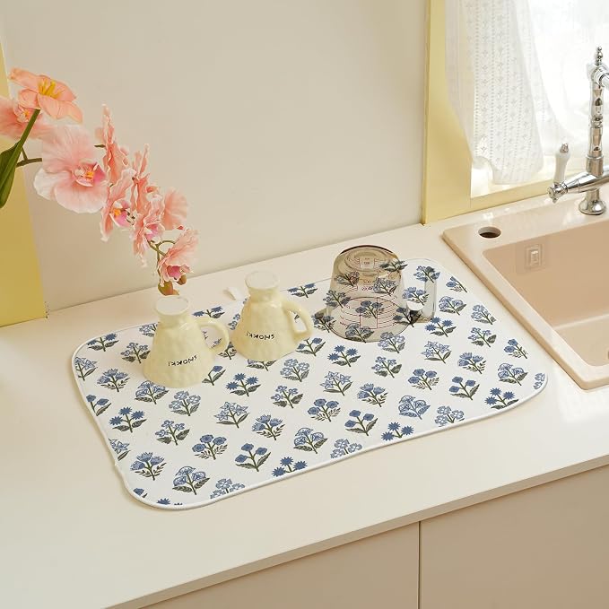 Blue Green Dish Drying Mat 18x24 Inch Vintage Block Print Floral Drying Mat Spring Summer Flower Seasonal Absorbent Dish Drying Pad Dish Rack Drainer Mats for Kitchen Dining Counter