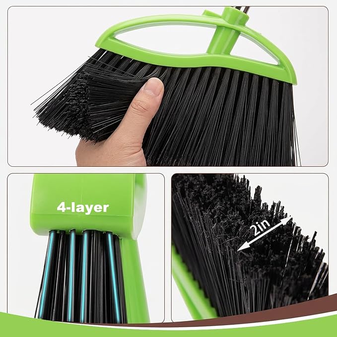 Soft Bristles Green Angle Broom and Dustpan Set, Long Handle Household Indoor Broom with Dustpan Combo Set for Room Kitchen Lobby Office Hardwood Floor Sweeping Floor Cleaning