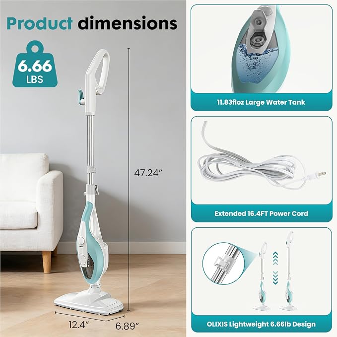 DUMOS 10-in-1 Multifunctional Steam Mop, 1550W Detachable Handheld Steam Cleaner, 16FT Power Cord with 2 Reusable Pads, Floor Steamer for Hardwood, Tile, Carpet, Grout, Windows