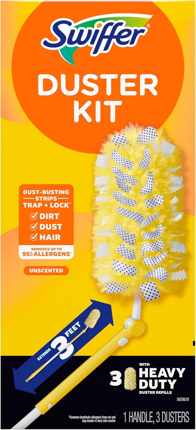 Swiffer Duster Kit with 3 ft Extendable Handle | Includes 1 Duster Extendable Handle (3 ft). 3 Heavy Duty Duster Refills. For Ceiling Fans, Vents, and Hard to Reach Places