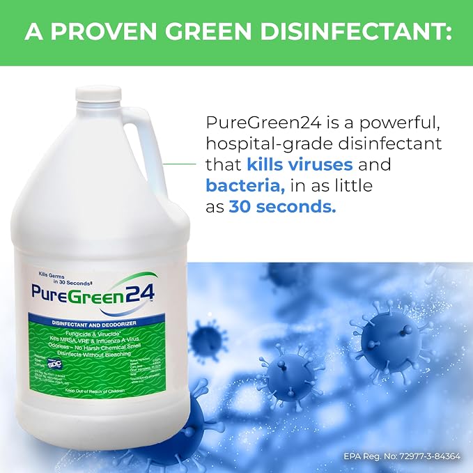 PureGreen24 Safe & Effective Disinfectant. Kills Deadly Germs including RSV COVID-19 Norovirus MRSA Staph 2026 flu Contains no toxic chemicals odorless child & pet safe 2 gallon bottles ready to use