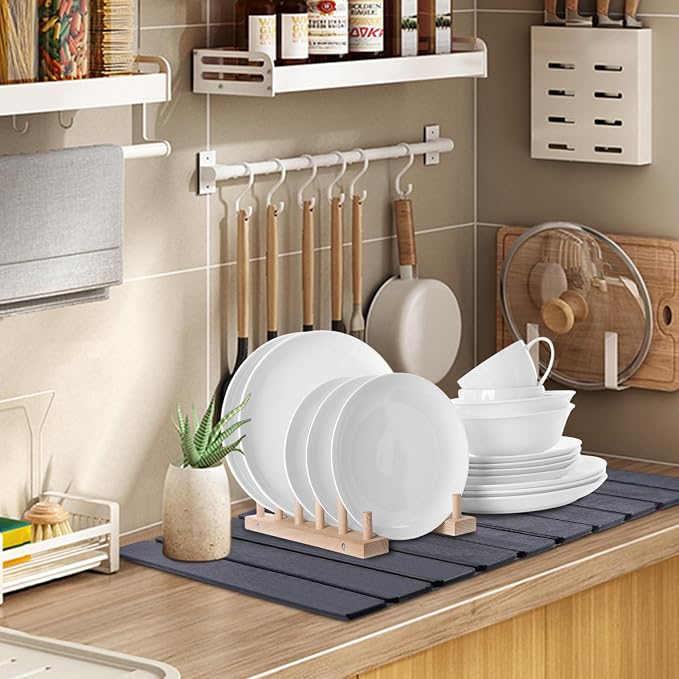 2 PCS Quick Dry Stone Dishes Mats for Kitchen Counter,Collapsible Quick Drying Dish Mats,Ultra Absorbent Diatomaceous Earth Mats for Dishes Bottles Cups, Match Any Countertop（Dark Gray 24"×16"& 8"x4"）