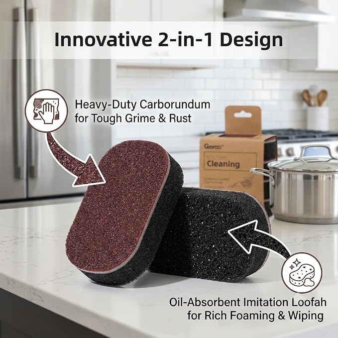 Heavy Duty Carborundum Sponges for Kitchen (5-Pack) - Premium Emery Cleaning Eraser Sponge & Non-Scratch Imitation Loofah Scrubber, Tough Stain & Rust Remover for Pot Bottoms, Cast Iron, Sinks