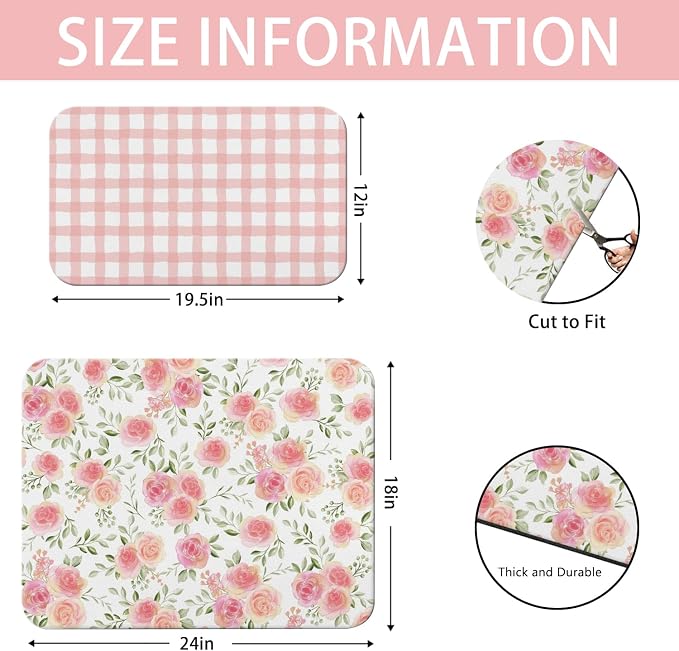 Dish Drying Mat 2-Pack in Rose Floral for Kitchen Counter Dishes Mat | Diatom Mud Mats (18x24, 19.5x12"). Non-slip rubber back for kitchen counter, coffee bar & sink scenes
