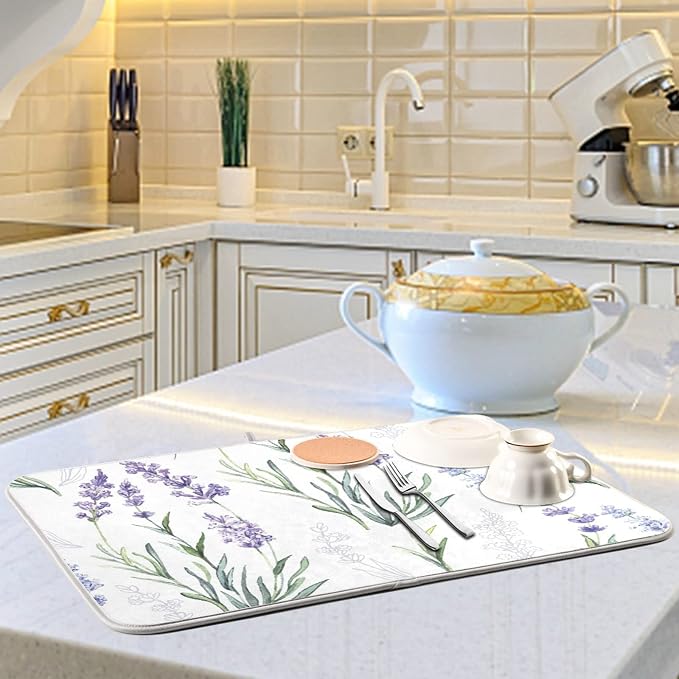 Absorbent Dish Drying Mat for Kitchen Counter - Cute Purple Lavender Microfiber Drying Pad, Reversible Drainer Mats for Countertop, Small 16 x 18 inch