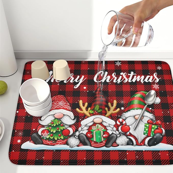 Merry Christmas Dish Drying Mat 18x24 Inch Xmas Santa Claus Winter | Polyester，Absorbent Microfiber，for Kitchen Coffee Dining Bar Decor