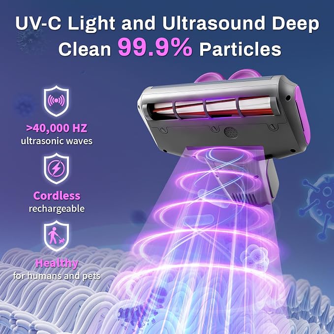 Cordless Mattress Vacuum Cleaner, 16Kpa Bed Vacuum with 253.7nm UV-C Light & Ultrasonic Tech, HEPA Filter, Portable Handheld Vacuum for Bed Sofa Couch Crib & Pet Hair (Purple)
