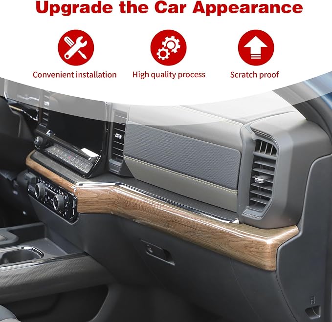 for Silverado Center Console Dashboard Panel Trim Cover for Chevy Silverado 2022 up Brown Wood Grain Interior Accessories 2pcs