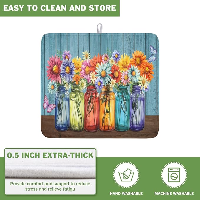 Vintage Floral Dish Drying Mat for Kitchen Counter Rustic Flower Vases Wooden Board Microfiber Dish Drainer Mat Spring Summer Absorbent Washable Drying Pad 16"x18"