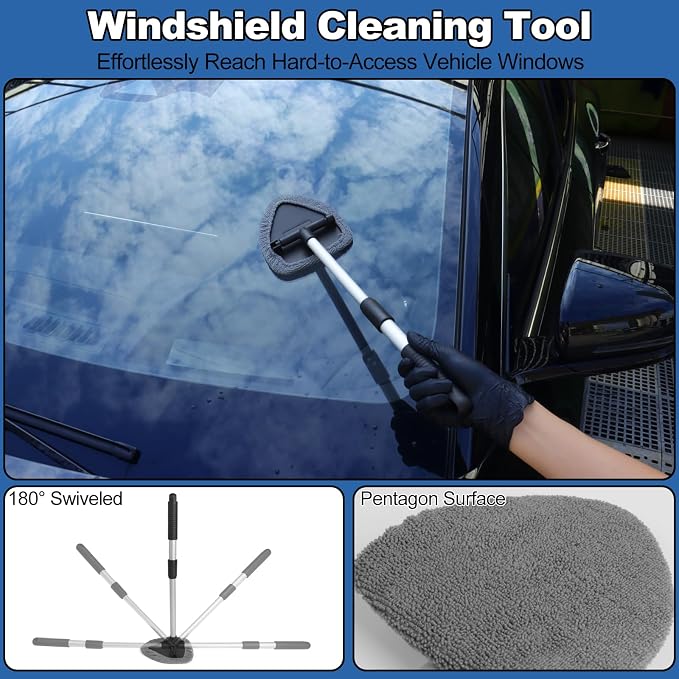 Windshield Cleaner Tool, 14Pcs Car Cleaning Kit - Car Interior Detailing Kit with Extendable Handle, Cleaning Gel & Microfiber Pads, All-in-One Inside Car Cleaning Supplies for Women Men