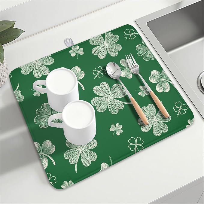 St Patrick's Day Dish Drying Mat 16 x 18 Inch Green Shamrock Dish Drainer Rack Mat Absorbent Microfiber Mats for Spring Lucky Clovers Dish Pad for Kitchen Coffee Bar Decor