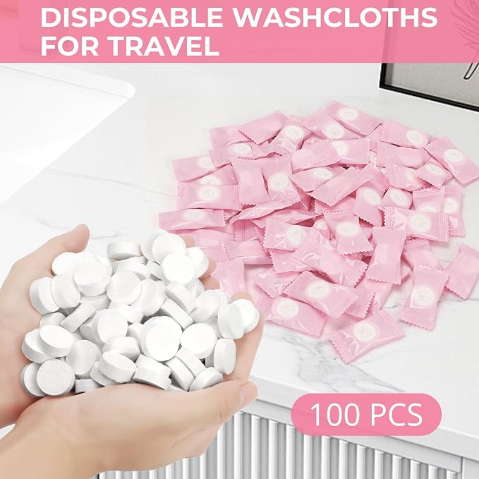 Classycoo 200 PCS Disposable Compressed Towels Tablets- Individually Wrapped Face Towel Travel, Portable Mini Magic Clean Towelettes Daily Single, Camping(Alcohol-Free, Odorless, Pink+White)
