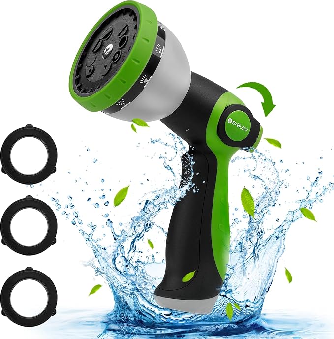 BIBURY Water Hose Nozzle Sprayer, Hand Sprayer with 10 Watering Patterns and On Off Valve Thumb Control, High Pressure Garden Hose Spray Nozzle for Watering Plants, Car Wash and Showering Pets (Green)