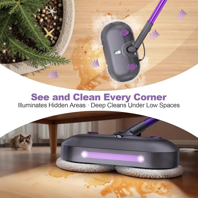 Scrub & Steam Mop with Rotating Mop Pads, Scrubbing and Sanitizing Floor Cleaner, XL Water Tank, 23FT Cord, LED Headlights, Reusable Pads & Self-Standing for Hard Floor/Laminate/Marble