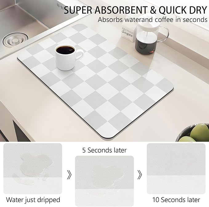 Dish Drying Mat for Kitchen Counter,16"x 24" Super Absorbent Kitchen Dish Drying Pad, Coffee Bar Mat with Rubber Backed, Coffee Bar Accessories for Countertop Dishes Utensils,Grey Checkered