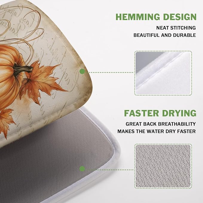 Fall Pumpkin Dish Drying Mat 16X18 Inch Vintage Autumn Drying Mat for Kitchen Counter Absorbent Maple Leaf Fall Thanksgiving Farmhouse Dishes Pad Drainer Mat Countertop Protector for Kitchen Fast Dry