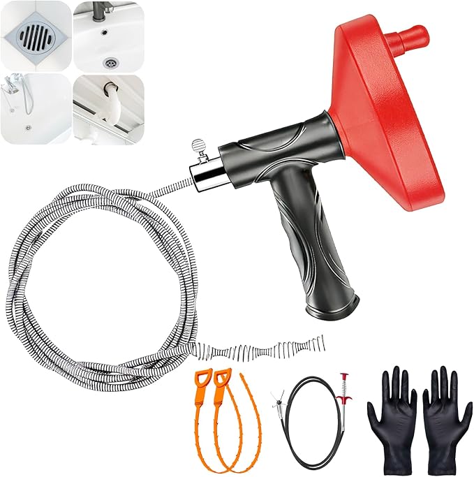 Drain Snake Auger 33 Ft, Plumbing Snake Drain Hair Clog Removal Tool, Heavy Duty Snake Auger, Sink Unclogger Drain Cleaner Tool for Bathroom Kitchen Tub Shower Drain Clog Remover with Gloves