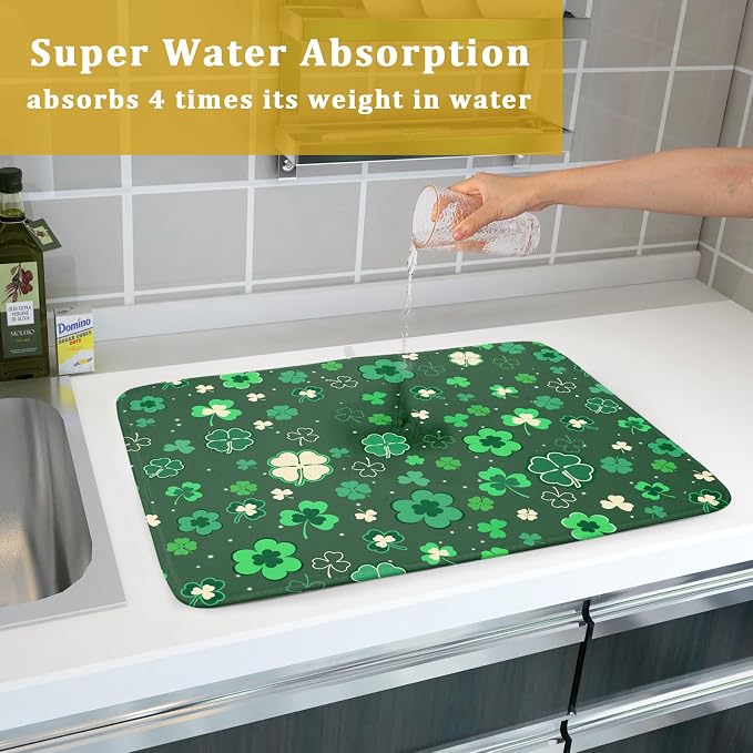Happy St. Patrick's Day Dish Drying Mat for Kitchen Green Lucky Shamrock Clover Dish Drying Mat for Dishes Spring Irish Drying Mats 18x24 Inch Absorbent Reversible Dish Pad for Countertop Coffee Bar