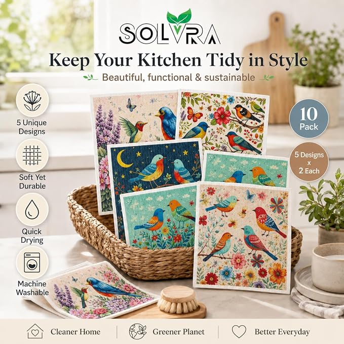 10 PCS Birds Print Swedish Dishcloths for Kitchen 100% Biodegradable, Reusable Cellulose Sponge Cloths Ultra Absorbent, Eco Friendly Cleaning Towels Dishcloths for Washing Dishes & General Cleaning