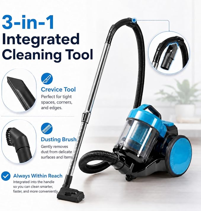 Simple Deluxe Household Portable 16.4Ft Vacuum Cleaner, 16Kpa Bagless Canister Cleaner, Lightweight Powerful Vacuum for Carpets and Hard Floors, with Washable HEPA Filter, Blue