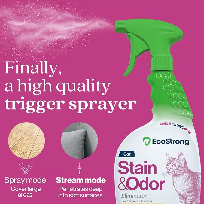 Eco Strong Cat Stain And Odor Remover | Enzyme Urine Odor Neutralizer - Stain Remover for Carpet, Litter Boxes, Bedding, and Laundry [Citrus Scent, 32 oz. Spray]