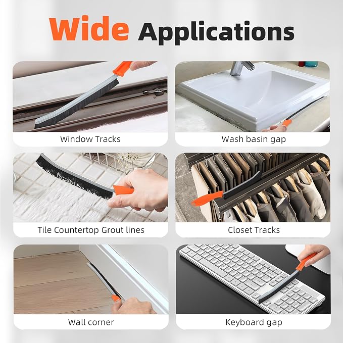 FOOGWEE Hard Bristle Crevice Cleaning Brush - Cleaning Supplies - Grout Cleaning Brushes for Household Use - Crevice Cleaning Tool for Bathroom, Home and Kitchen (3, Orange)