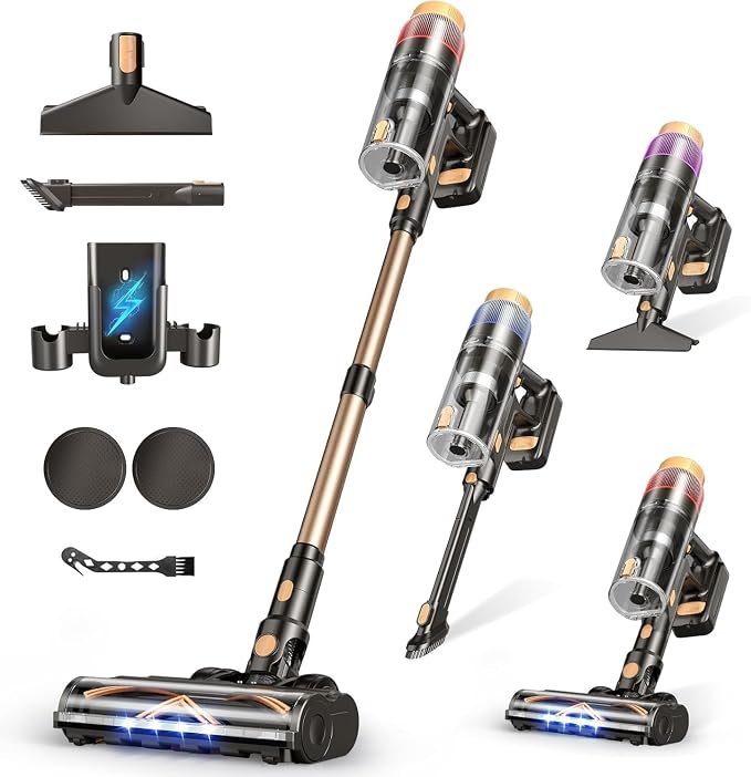 PEDOOLO Cordless Vacuum Cleaner, Upgraded 650W 55KPA 70Mins Vacuum Cleaners for Home, Self-Standing Stick Vacuum, Wall Mount Charge & Touch Screen, Anti-Tangle for Pet Hair Carpet Hardwood Floor Car
