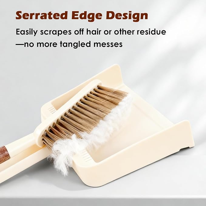 Hand Broom and Dustpan Set,Portable Small Dustpan and Brush Set with Sapele Wood Handle,Teeth Design,Compact Hangable Broom with Dustpan for Cleaning Desktops Kitchen Sofa Pet Hair,Beige