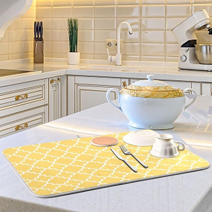 Super Absorbent Dish Drying Mat, Microfiber Fast-Drying Dish Mat, 16" x 18", Kitchen Dish Drying Pad, Quatrefoil Lattice Yellow Pattern