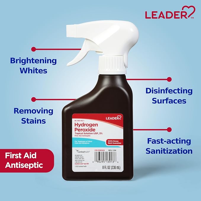 LEADER Hydrogen Peroxide Spray Bottle First Aid Antiseptic 3% Solution – Multi-Purpose Cleaner, Gentle & Effective Disinfectant Spray for Home, Cuts, and Scrapes, Easy-to-Use 8 oz Bottle