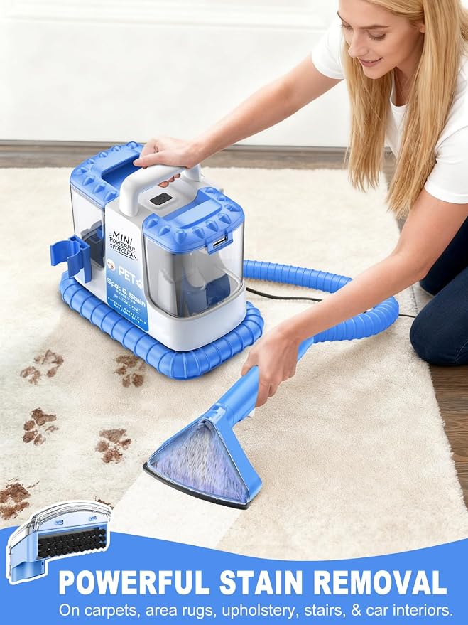 Portable Carpet & Upholstery Cleaner Machine for Pets, Spot, Stain, Couch Cleaner Machine with Powerful Suction and and Cleaning Solution, Car/Auto Detailer, Lightweight Compact Design, Blue