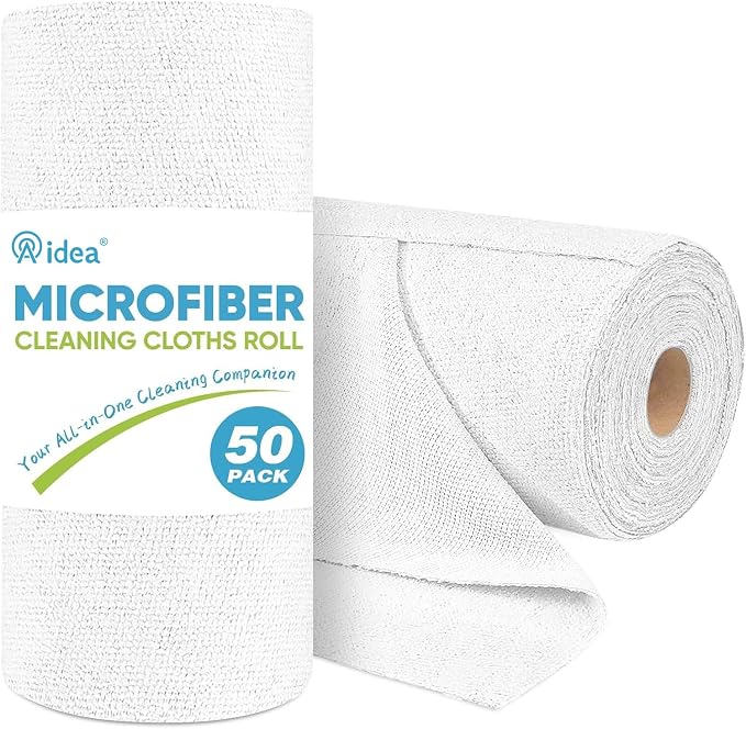 AIDEA White Microfiber Cleaning Cloth Roll-50PK, Cleaning Rags 11.5"×11.5" | Tear Away Reusable Paper Towels, Shop Rags, Microfiber Towels for Cars, Lint Free Cloth for House, Kitchen, Automotive