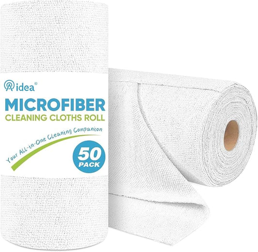AIDEA White Microfiber Cleaning Cloth Roll-50PK, Cleaning Rags 11.5"×11.5" | Tear Away Reusable Paper Towels, Shop Rags, Microfiber Towels for Cars, Lint Free Cloth for House, Kitchen, Automotive