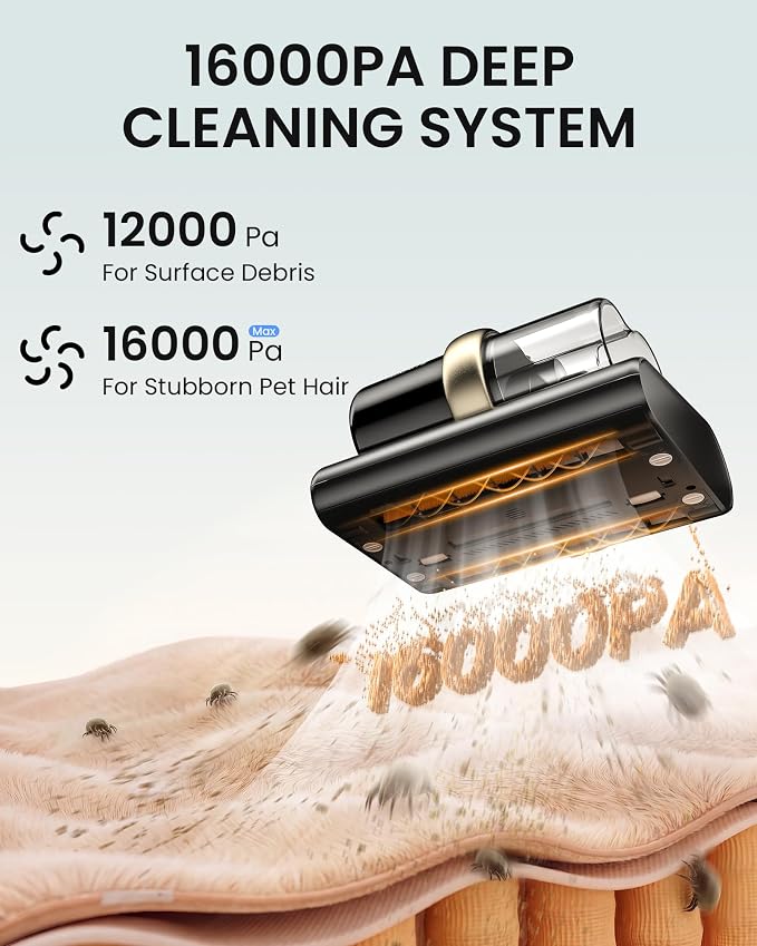HEAPETS Mattress Vacuum Cleaner, 16Kpa Bed Vacuum with 275nm UV-C Light & 149℉ Heat & Ultrasonic, Dual High-Speed Roller Brushes & H13 HEPA Filter for Pet Hair, Bed, Sofa, Couch, Corded Black