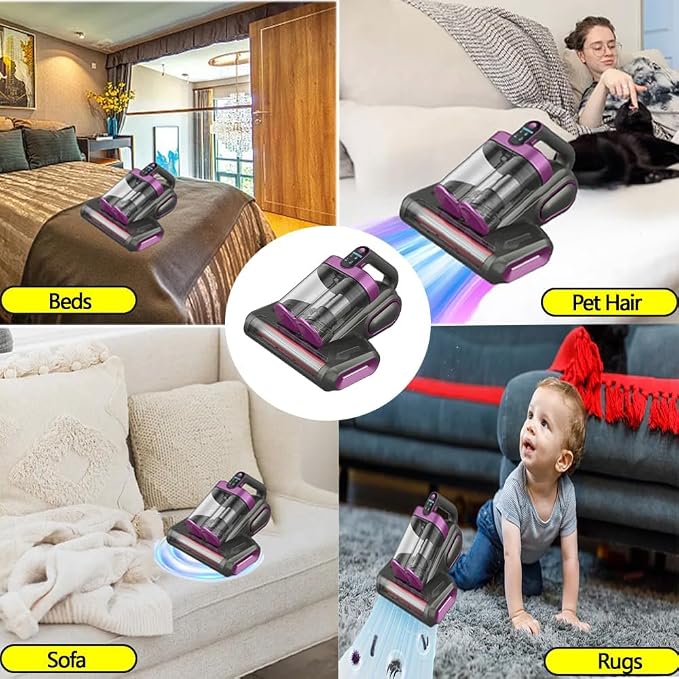 Mattress Vacuum Cleaner, 18Kpa Bed Vacuum Cleaner with 253.7nm UV-C Light & Heating & Ultrasonic Quintuple Tech & 80000 RPM/Min Brushroll Rotation, Widened Suction Port, 500W, Cordless (Purple)