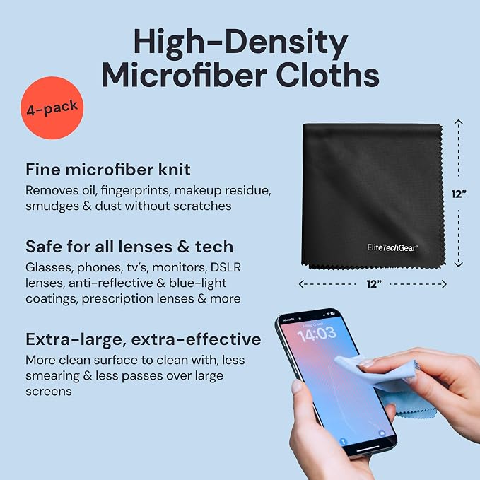 Elite Tech Gear Microfiber Cleaning Cloths for Glasses & Screens, 4-Pack | Black - Large 12"x12" - Streak-free - Safe for Delicate Lenses - Washable - Clean Glasses, TVs, Phones, DSLR & Coated Lenses
