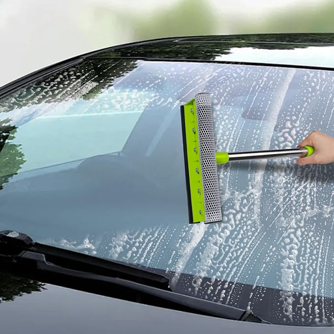 Window Squeegee with 15.7"-27.5" Retractable Stainless Steel Handle, 2-in-1 Windshield Cleaner Tool for Cars, Trucks, Glass Doors, Shower Glass, Outdoor Windows – Window Cleaner (Green)