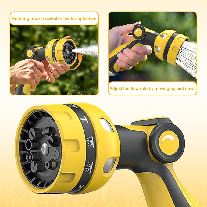 Garden Hose Nozzle, Heavy Duty Water Hose High Pressure Sprayer with 10 Watering Patterns, Thumb Control On Off Valve, for Watering outdoor Plants & Lawn, Car & Pet Washing（Yellow）